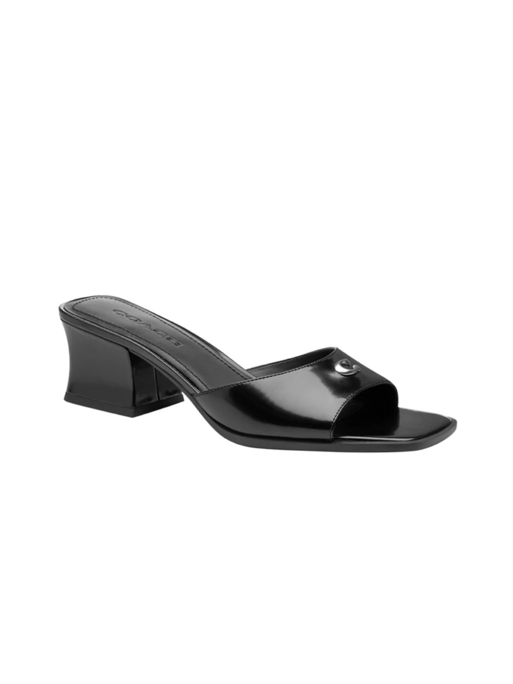 Coach Black Patent Leather Open-Toe Slip-On Mule with C Accent